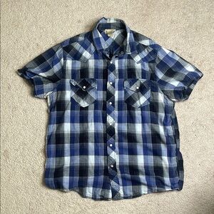 Roebuck & Co. Casual Blue and Black Plaid Button Down Shirt